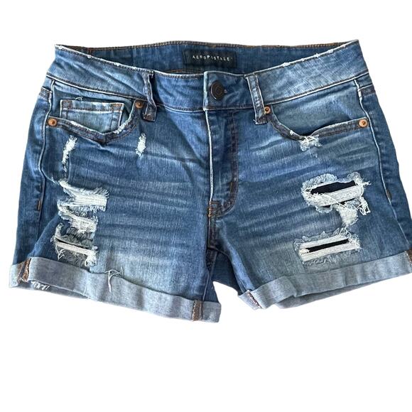 Aero Jean Short Light Blue Wash Distressed Torn Holes Denim Inseam 3 Cuffed Sz 2 - Picture 1 of 7